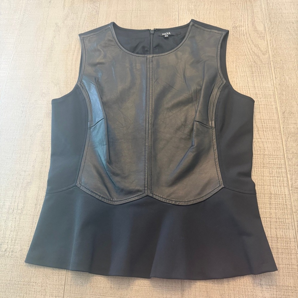 Raoul Black Leather Panel Peplum Top Sleeveless Blouse US 10 Mixed Media